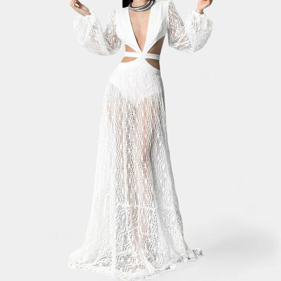 White Long Sleeve Sheer Lace Cutout VNeck Flowy A-Line Flared Maxi Dress Size S - Picture 2 of 7